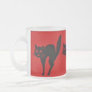 spooky black Halloween cat with arched back Frosted Glass Coffee Mug