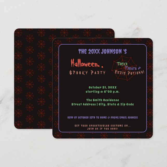 Spooky Black Halloween Spider Web Party Invitation (Front/Back)