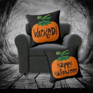 Spooky Black Happy Halloween Wicked Orange Pumpkin Cushion