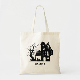 Spooky black haunted house. Halloween kids treats Tote Bag