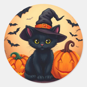 Spooky Black Kitten Witch Hat Pumpkin Halloween Classic Round Sticker