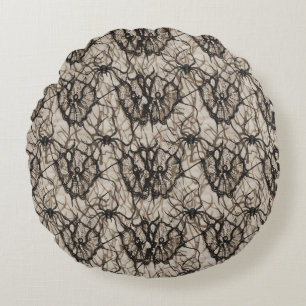 Spooky Black Lace Spider Web Seamless Pattern - Round Cushion