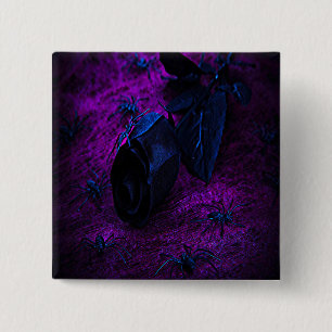 Spooky Black Material Rose, Black Spiders 15 Cm Square Badge