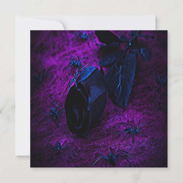 Spooky Black Material Rose, Black Spiders Invitation (Front)