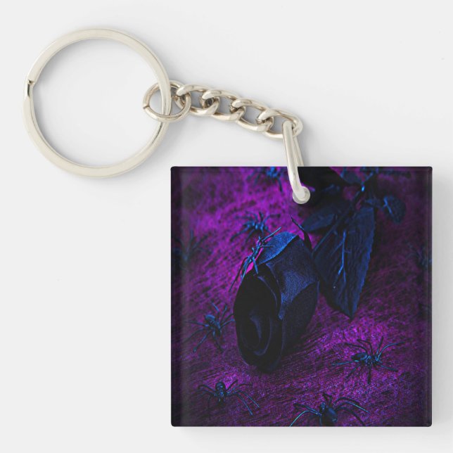 Spooky Black Material Rose, Black Spiders Key Ring (Front)
