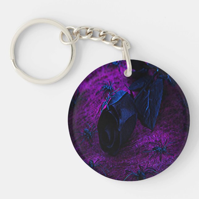 Spooky Black Material Rose, Black Spiders Key Ring (Front)