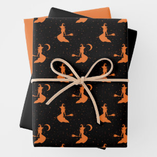 Spooky Black & Orange Witch Wrapping Paper Set