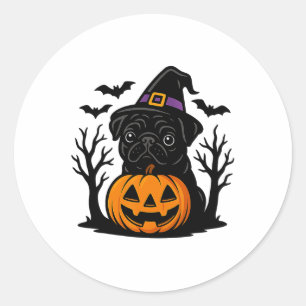 Spooky Black Pug In Witch Hat Pumpkin Halloween Classic Round Sticker