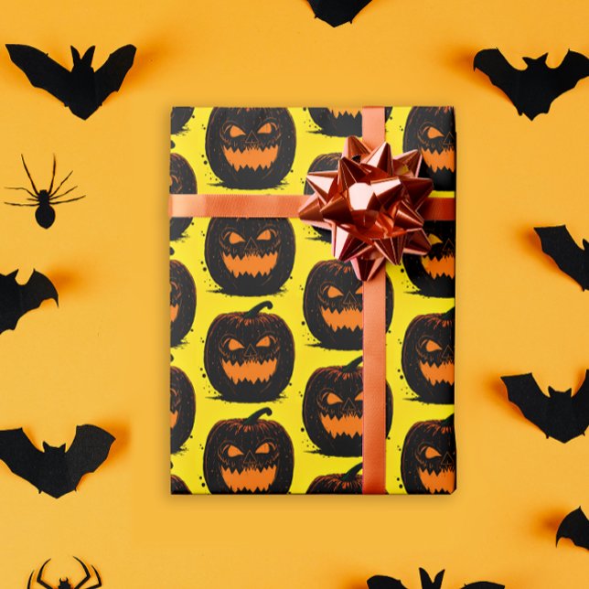 Spooky Black Pumpkins Halloween Pattern On Yellow Wrapping Paper (Creator Uploaded)