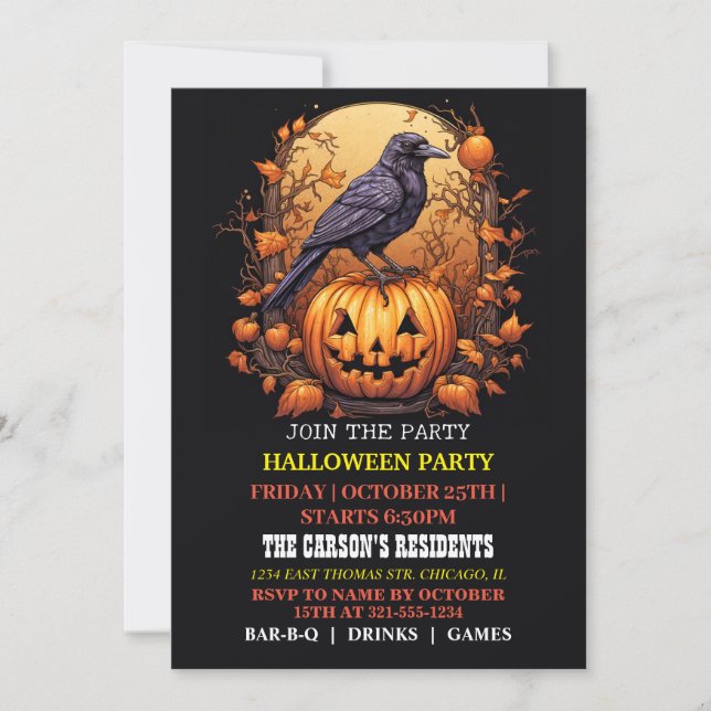 Spooky Black Raven Halloween Party Invitations (Front)