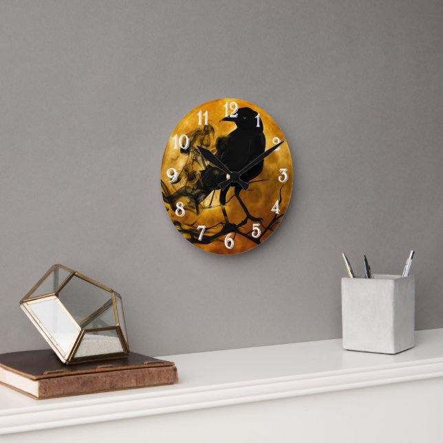 Spooky Black Raven Halloween Round Clock (Office)