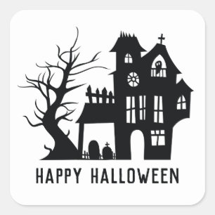 Spooky black white haunted house. Happy Halloween Square Sticker