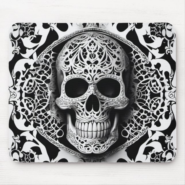 Spooky Black & White Smiling Lace Skull Mouse Mat (Front)