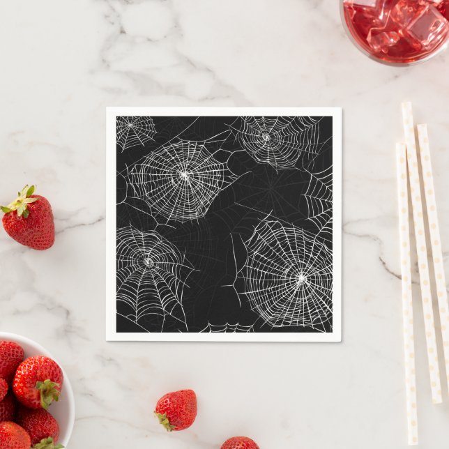 Spooky Black & White Spiderweb Print Paper Napkins (Insitu)