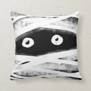 Spooky Black & White Wrapped Mummy Face Halloween Cushion