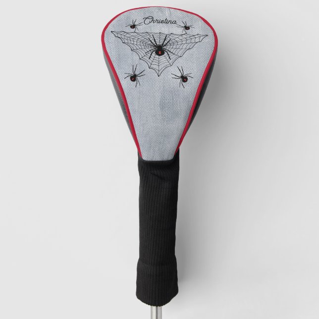 Spooky Black Widow Spiders Red Hourglass Web White Golf Head Cover (Front)
