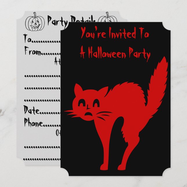 spooky blood red cat halloween party invitations (Front/Back)