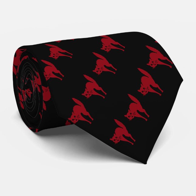 spooky blood red frightened  cat halloween tie (Rolled)