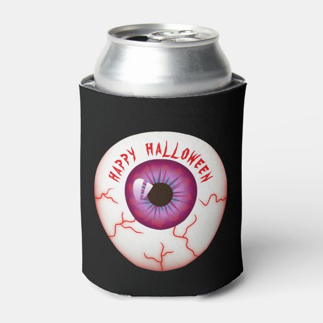 Spooky Bloodshot Eyeball Happy Halloween Can Cooler (Can Front)