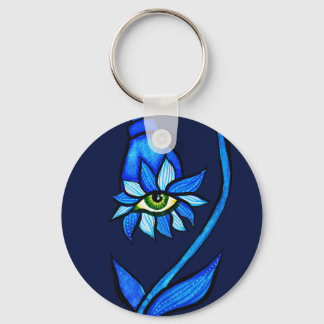 Spooky Blue Eye Flower Monster - Creepy Horror Art Key Ring