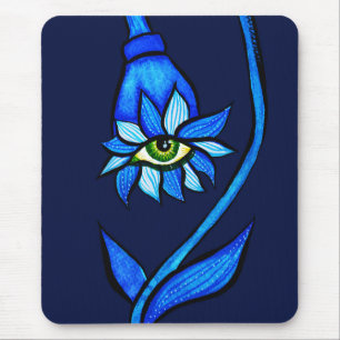 Spooky Blue Eye Flower Monster - Creepy Horror Art Mouse Mat