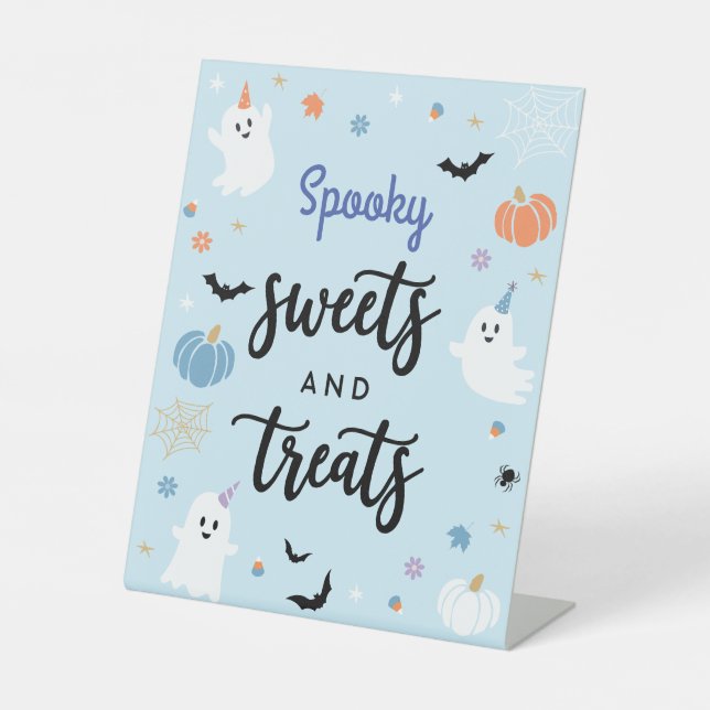 Spooky Blue Ghost Halloween Spooky Sweets & Treats Pedestal Sign (Front)