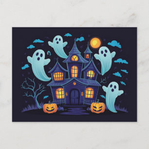Spooky Blue Haunted House with Floating Ghosts Postcard