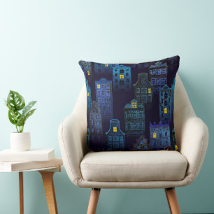 SPOOKY BLUE NIGHTTIME CITY SCENE WITH WITCHES CUSHION