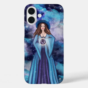 SPOOKY BLUE & PURPLE HALLOWEEN WITCH & FULL MOON iPhone 16 PLUS CASE