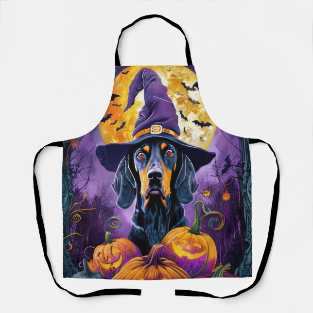 Spooky Bluetick Coonhound Halloween Witch Pumpkin Apron (Front)