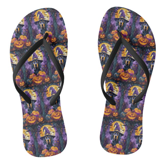 Spooky Bluetick Coonhound Halloween Witch Pumpkin Flip Flops (Footbed)