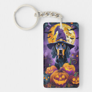 Spooky Bluetick Coonhound Halloween Witch Pumpkin Key Ring