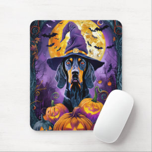Spooky Bluetick Coonhound Halloween Witch Pumpkin Mouse Mat