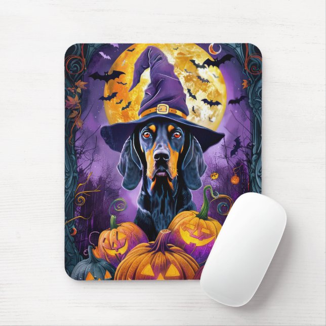Spooky Bluetick Coonhound Halloween Witch Pumpkin Mouse Mat (With Mouse)