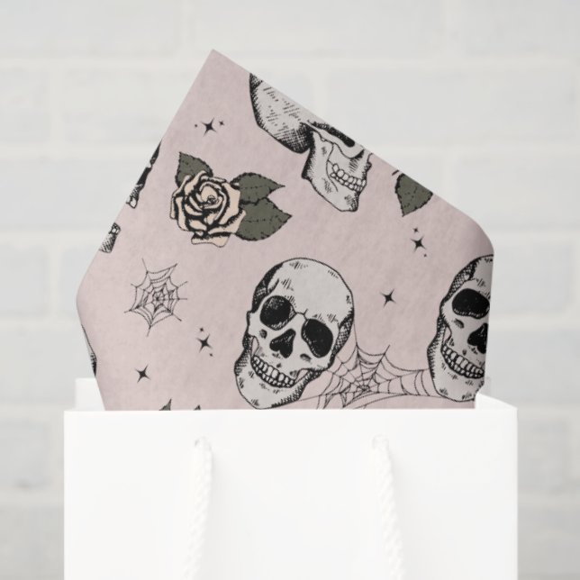 Spooky Blush Pink Floral Small Skull Halloween Tissue Paper (Gift Bag)