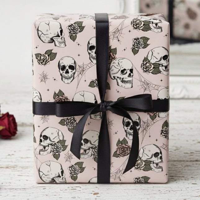 Spooky Blush Pink Floral Small Skull Halloween Wrapping Paper (Gothic Skulls and Roses Wrapping Paper in Blush Pink. Feminine Floral Vintage Skull & Rose Pattern)