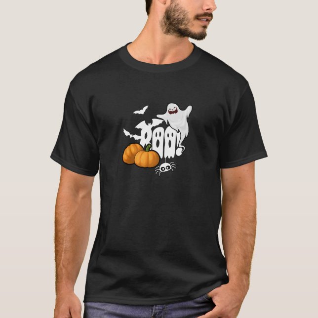 Spooky "Boo!" Ghost, Pumpkins & Spider Halloween T-Shirt (Front)