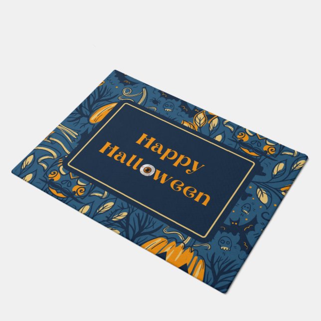 Spooky Boo Happy Halloween Blue Orange Fall Doormat (Angled)