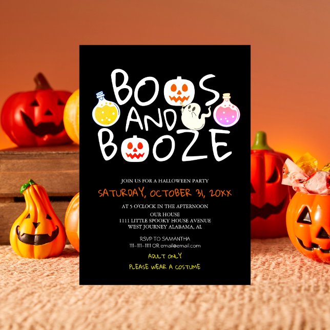 Spooky Boos and Booze Black Adult Halloween Party Invitation (Creator Uploaded)