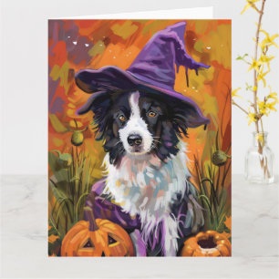 Spooky Border Collie Halloween Witch And Pumpkin Card