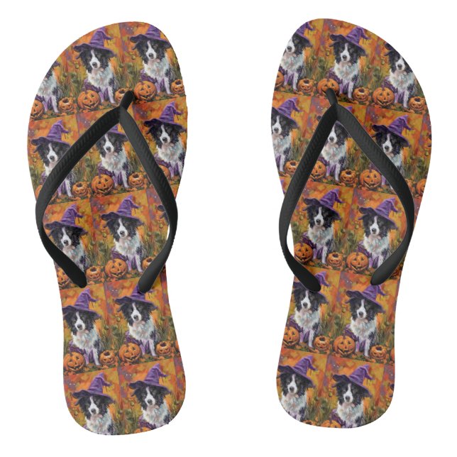 Spooky Border Collie Halloween Witch And Pumpkin Flip Flops (Footbed)