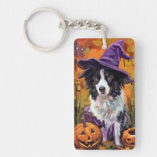 Spooky Border Collie Halloween Witch And Pumpkin Key Ring