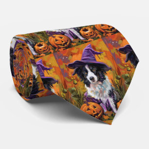 Spooky Border Collie Halloween Witch And Pumpkin Tie