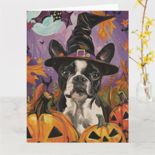 Spooky Boston Terrier Halloween Witch And Pumpkin Card