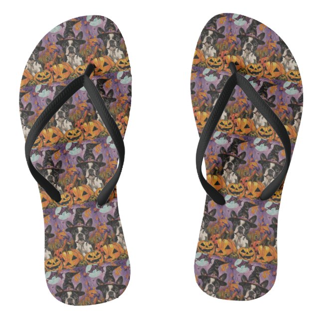 Spooky Boston Terrier Halloween Witch And Pumpkin Flip Flops (Footbed)