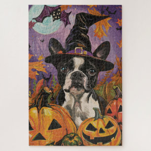Spooky Boston Terrier Halloween Witch And Pumpkin Jigsaw Puzzle