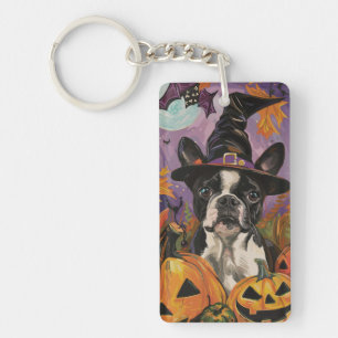 Spooky Boston Terrier Halloween Witch And Pumpkin Key Ring