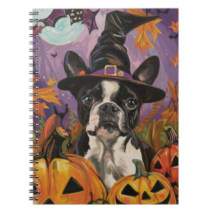 Spooky Boston Terrier Halloween Witch And Pumpkin Notebook
