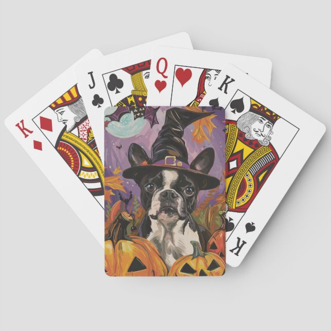 Spooky Boston Terrier Halloween Witch And Pumpkin Playing Cards (Back)
