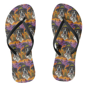 Spooky Boxer Halloween Witch And Pumpkin Flip Flops